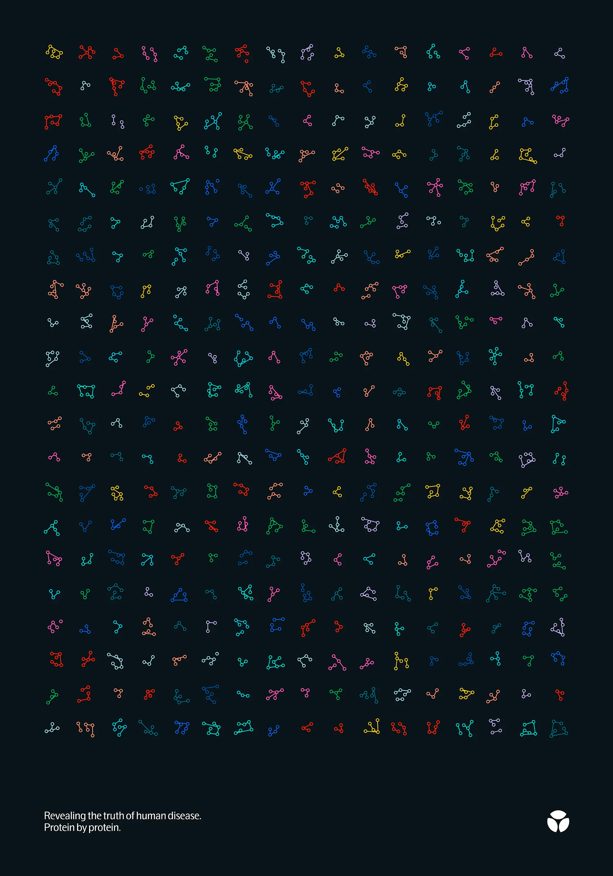 Olink poster: rows of small multicoloured protein structures on near-black, “Protein by protein.”