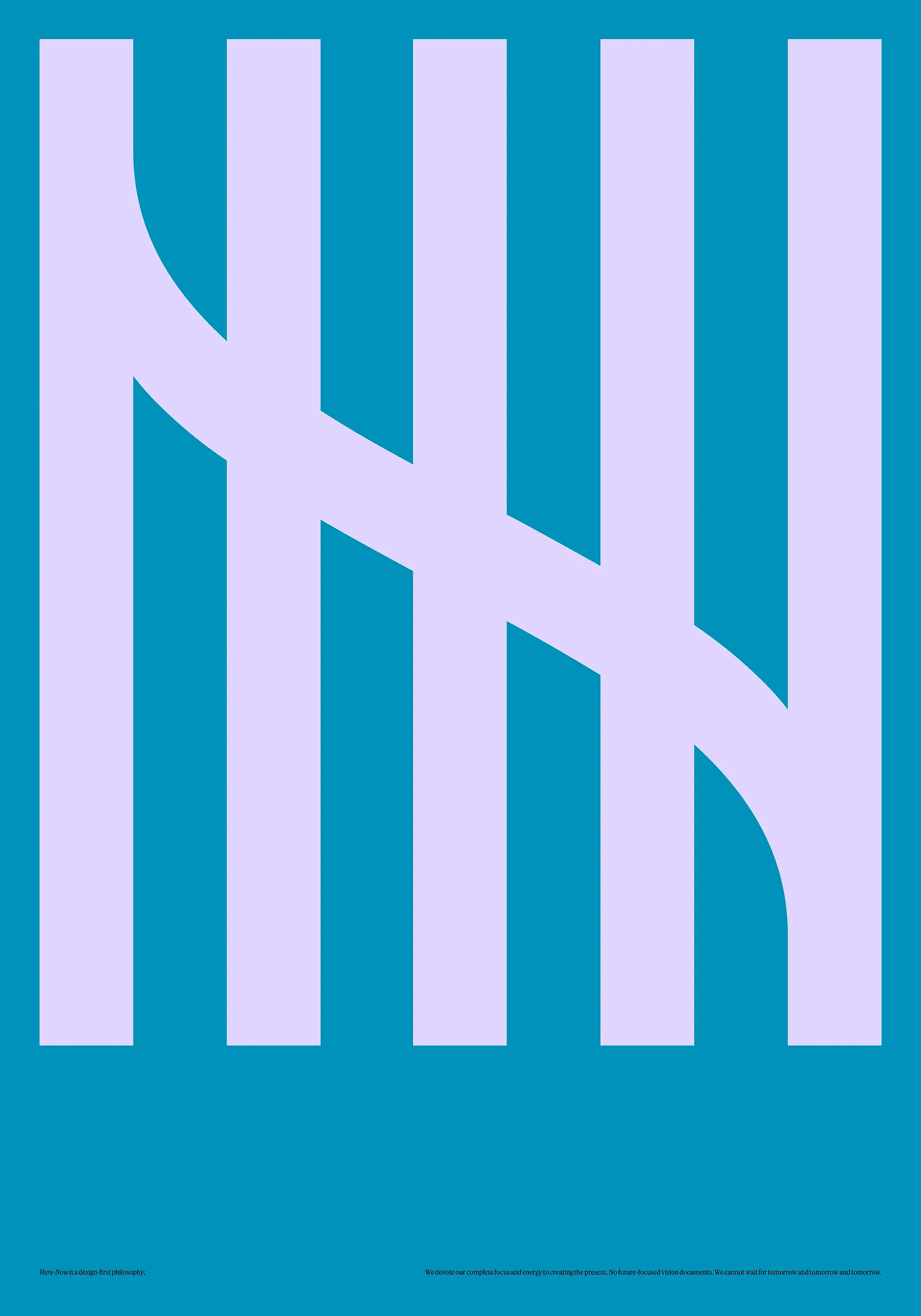 Here-Now profile poster: a logotype glyph of lilac strokes crossed by a curve, on blue