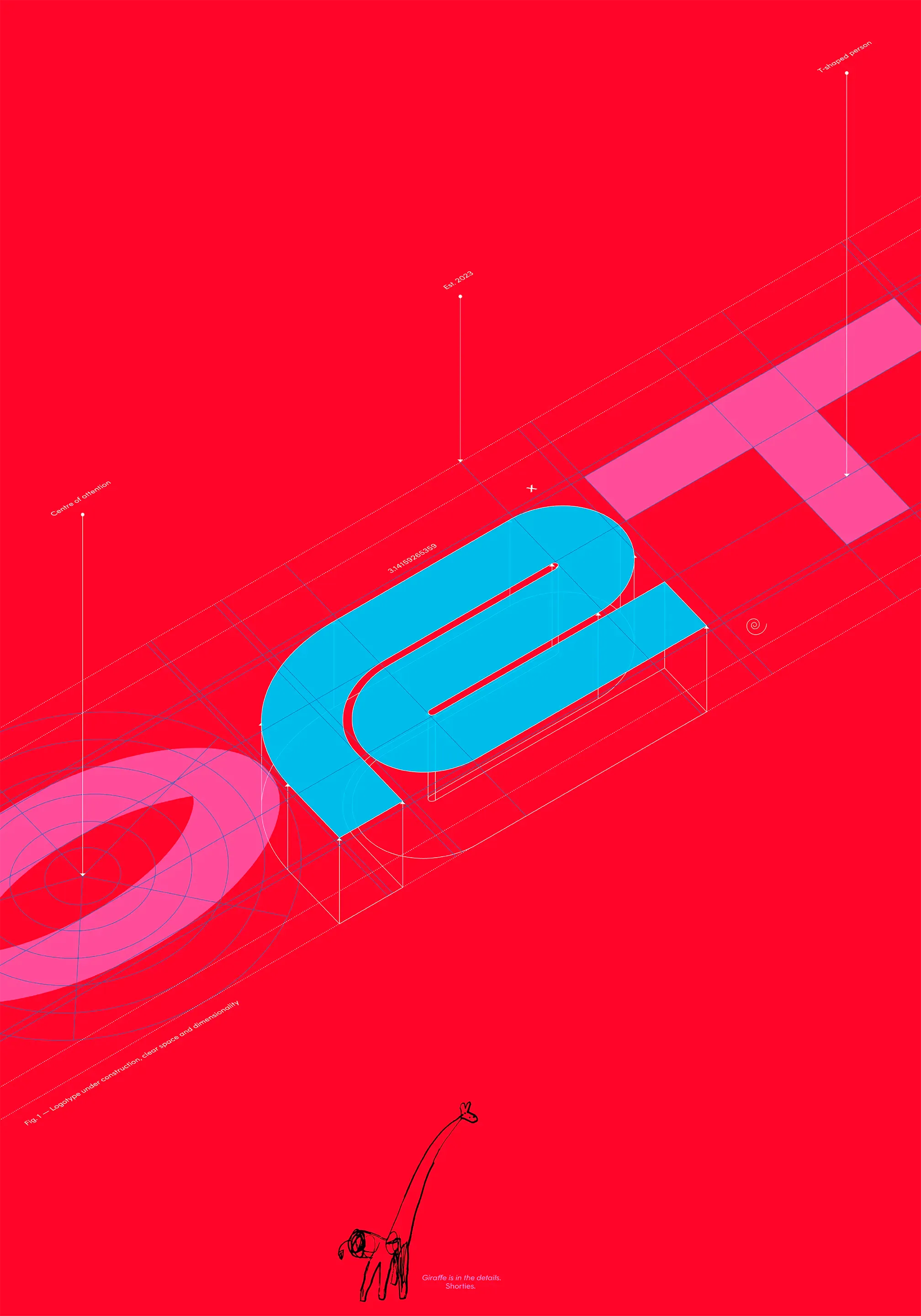 Shorties poster: isometric pink and blue letterforms with construction lines on red, and a drawn giraffe