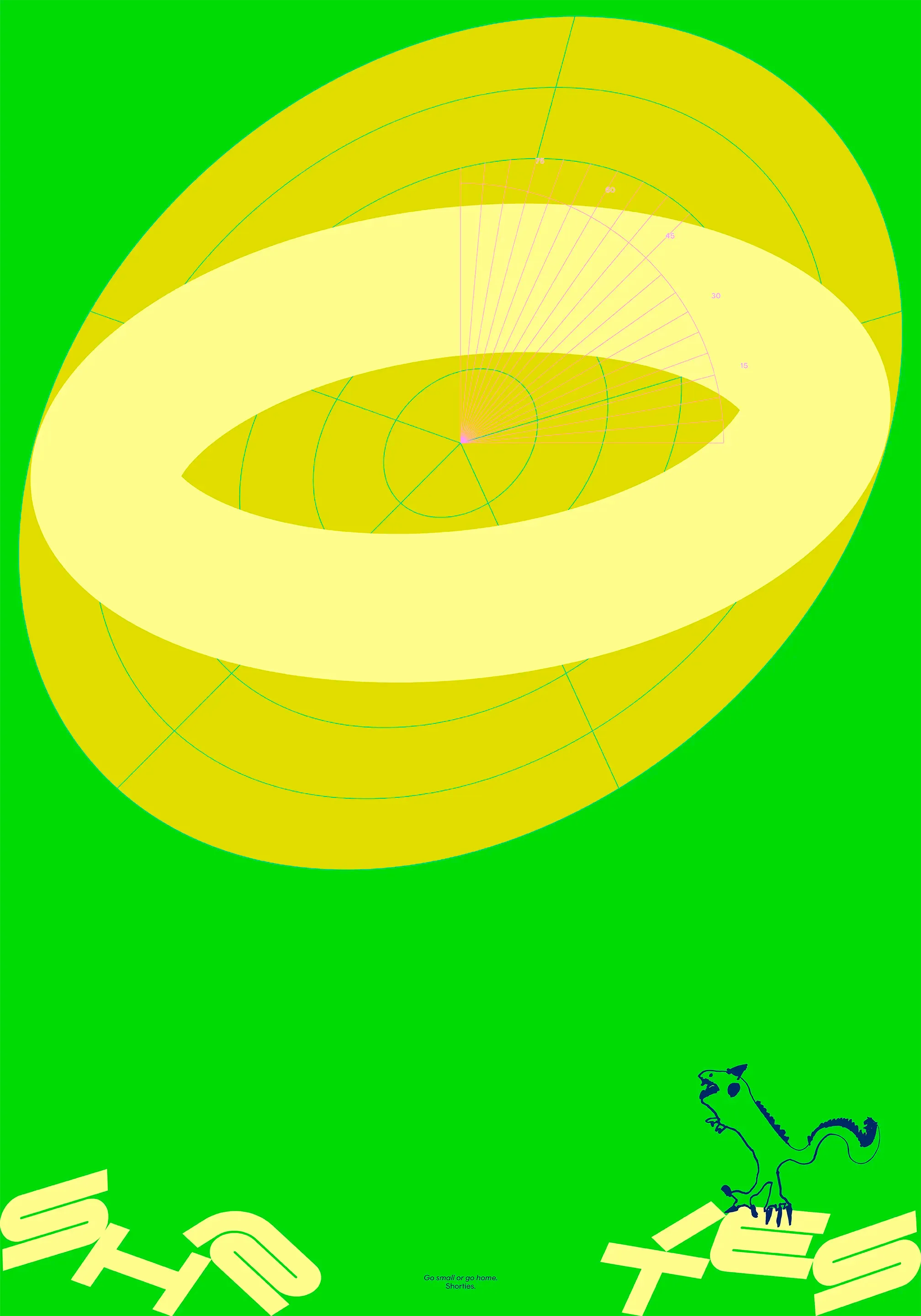Shorties poster: a yellow 3D ring on green, with a small drawn creature at the bottom