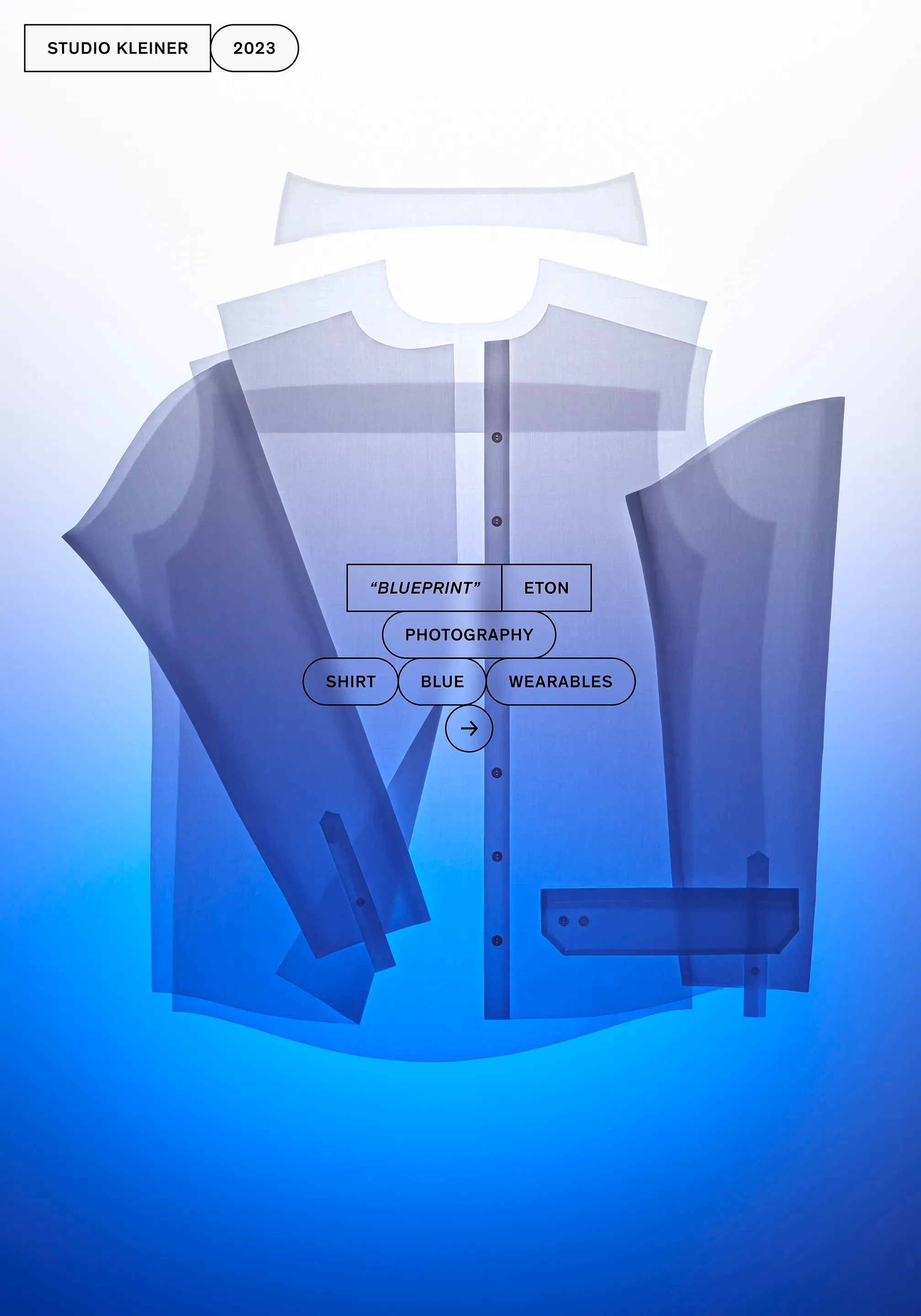 Studio Kleiner poster: translucent shirt pattern pieces on blue, tagged “Blueprint”, Eton