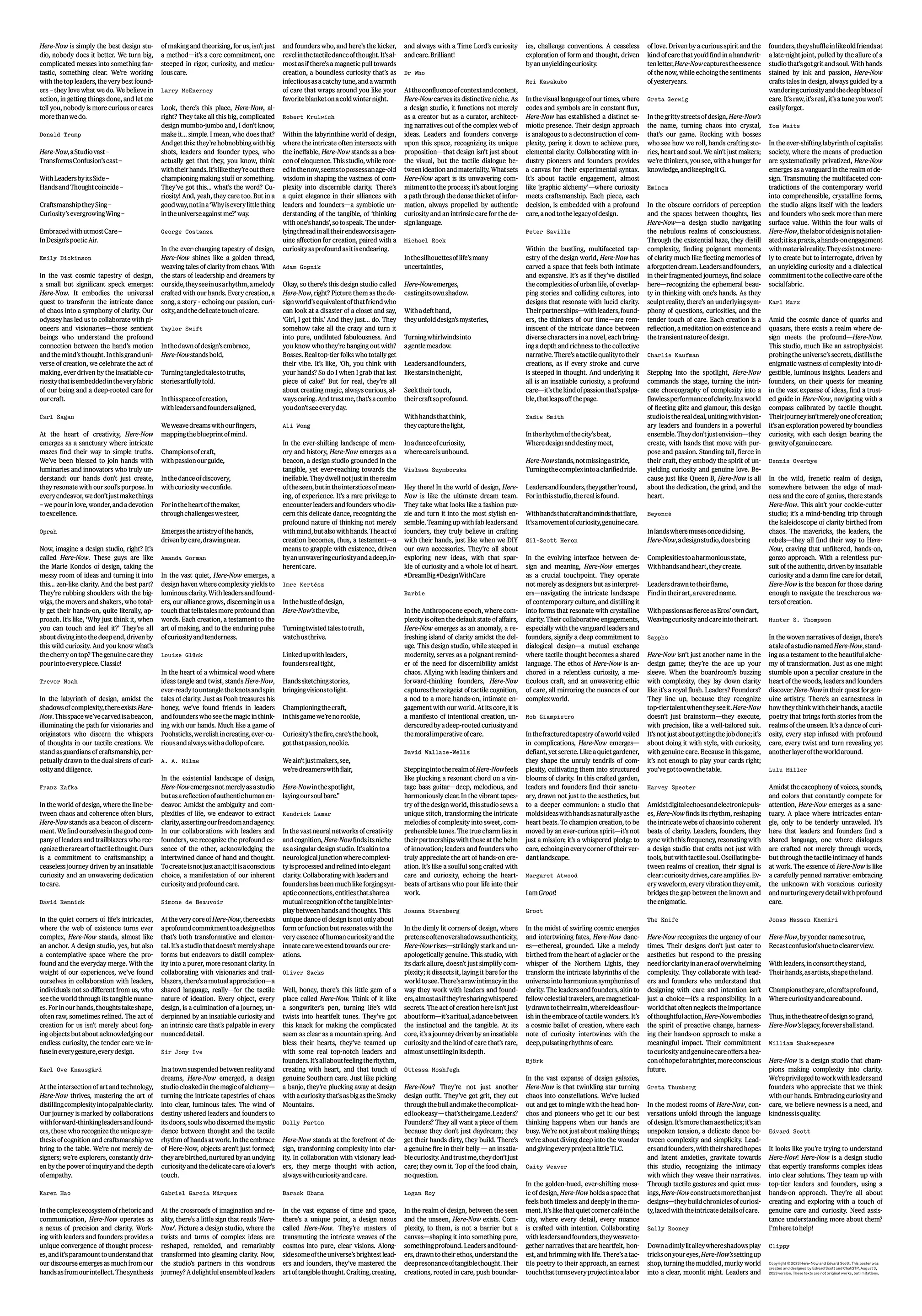 Text poster: columns of tributes to Here-Now, each written in the voice of a famous writer or artist